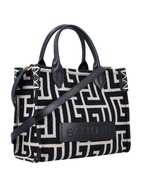 BALMAIN Monogrammed Jacquard and Leather Tote Handbag - 20x25.5x8.5 cm