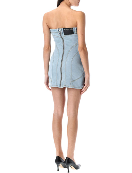 MUGLER Mini Spiral Denim Bustier Dress (Size 36)