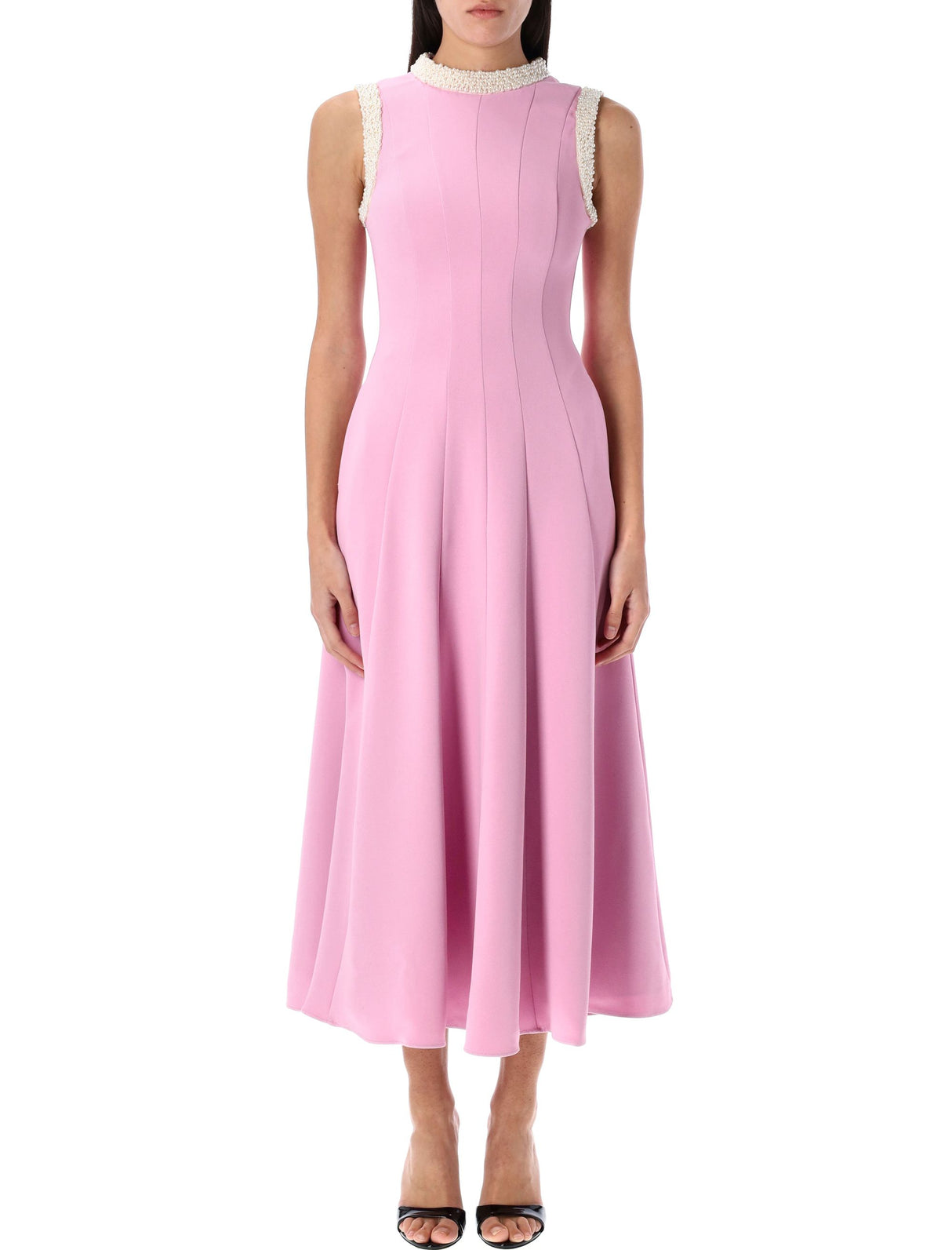 SELF-PORTRAIT Flared Pearl Trim Midi Dress - Size 6