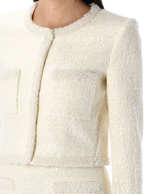 SELF-PORTRAIT Cropped Pearl Trim Bouclé Jacket - Size 6