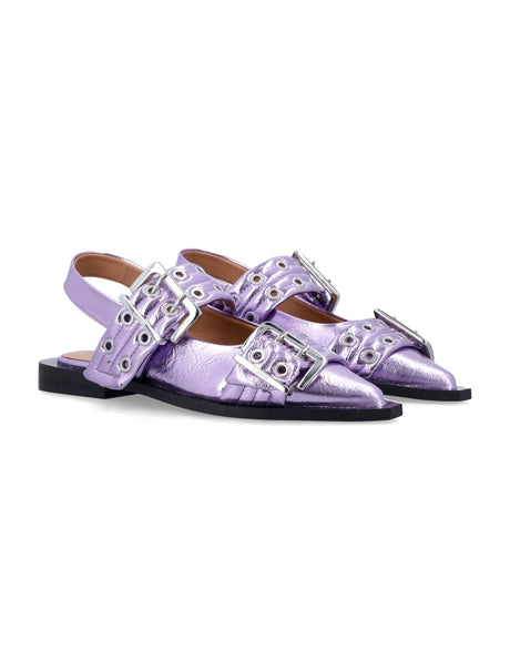 GANNI Metallic Feminine Buckle Ballerinas with Block Heel