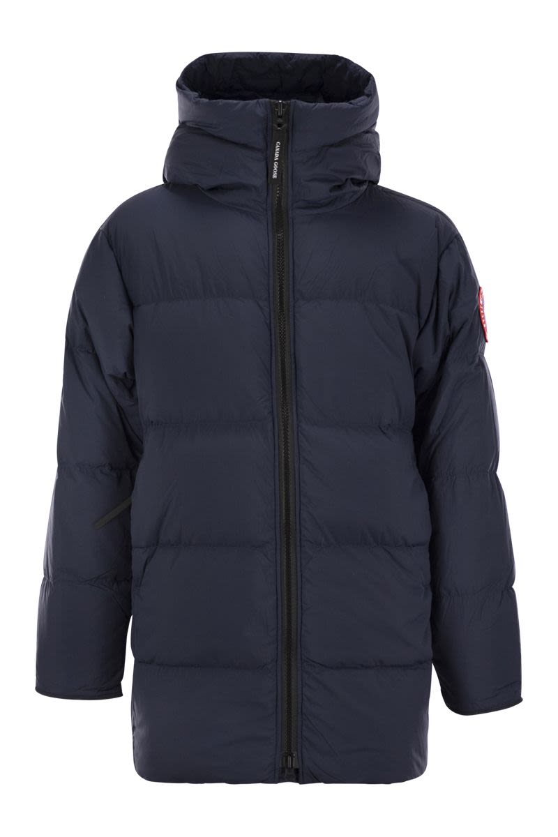 CANADA GOOSE Lawrence Mid-Thigh Length Down Jacket with Black Logo