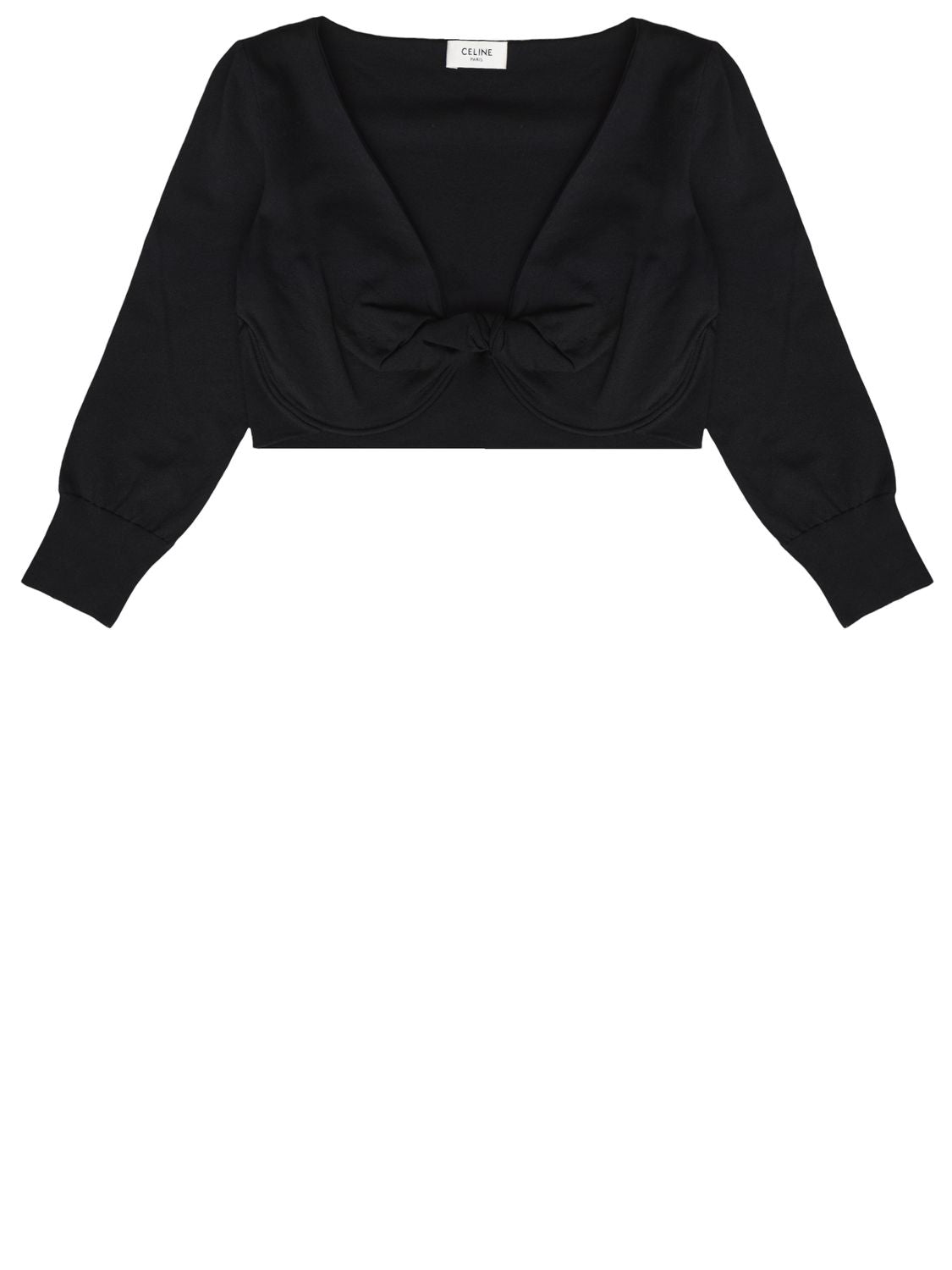CELINE Black Draped Three-Quarter Sleeve Crop Top in Stretch Silk Blend for Women
