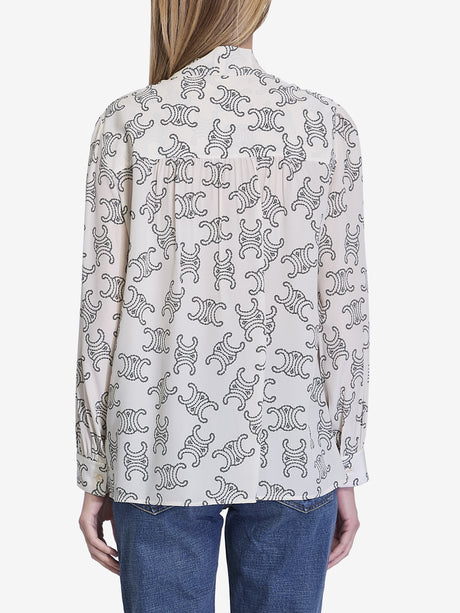 CELINE Silk Blouse with Logo Print and Pussy-Bow Collar