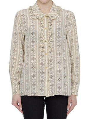 CELINE Ruched Triomphe Silk Shirt for Women in Ivory and Brown
