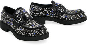 PRADA Black Leather Loafers with Rhinestone Embellishments for Men