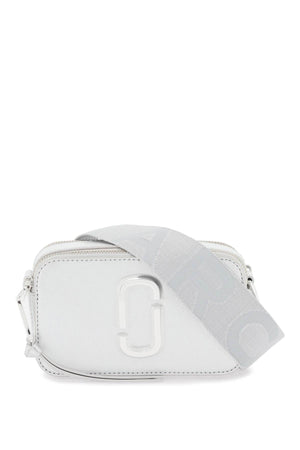 MARC JACOBS Metallic Silver Snapshot Mini Crossbody Handbag in Saffiano Leather with Monogram Detail