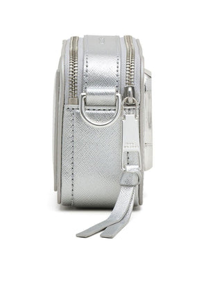 MARC JACOBS Metallic Silver Snapshot Mini Crossbody Handbag in Saffiano Leather with Monogram Detail