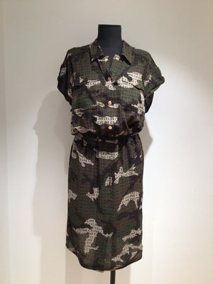 CELINE Green Camouflage Print Silk Shirtdress for Women