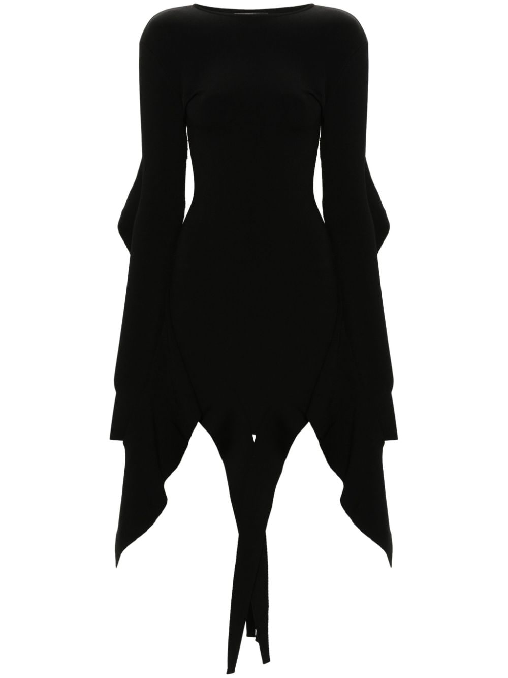 MUGLER Asymmetric Mini Dress with Ruffled Detailing and Sash in Black