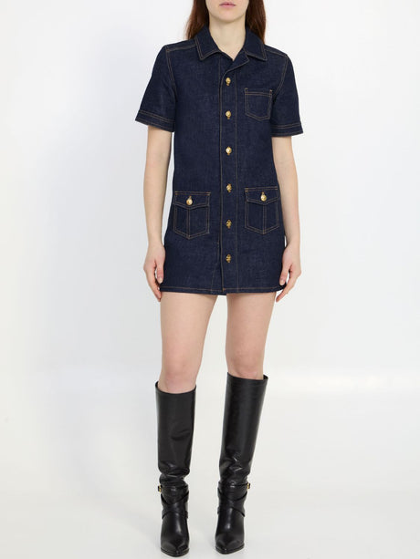 CELINE Blue Denim Mini Dress with Contrast Topstitching and Gold-Tone Buttons