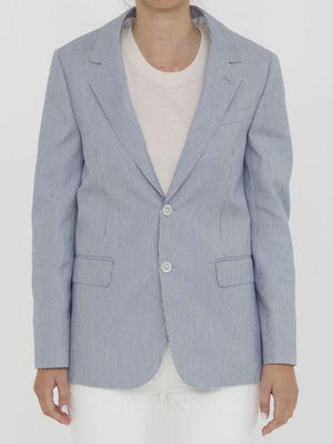 Áo khoác nữ sọc nút đơn màu xanh và trắng