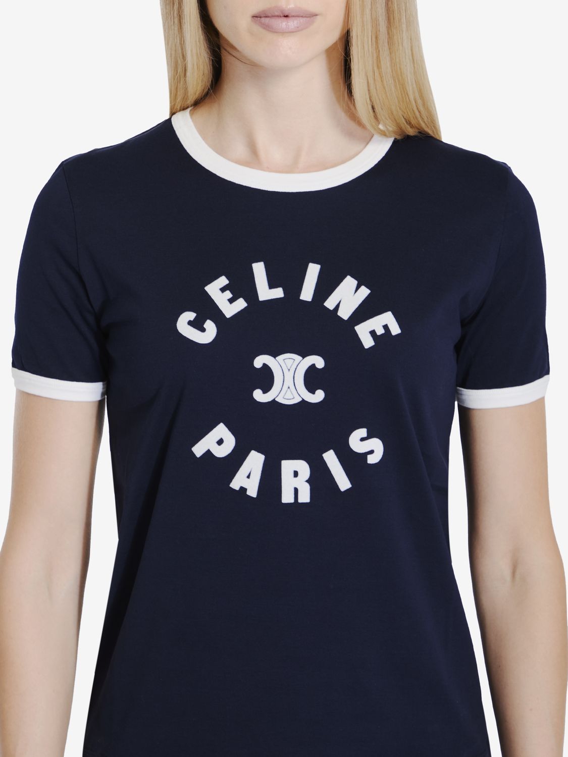 CELINE Parisian Chic Blue Crewneck T-shirt with Flocked Logo