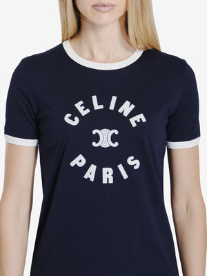 CELINE Parisian Chic Blue Crewneck T-shirt with Flocked Logo