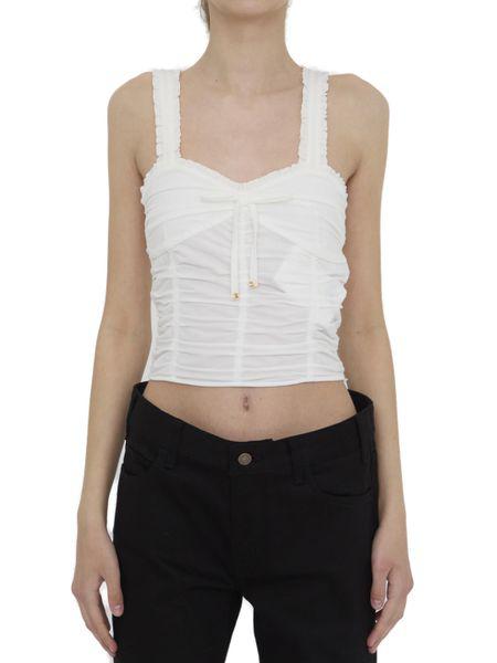 CELINE Off-White Gathered Crop Top in Cotton and Silk