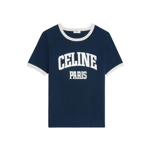 Áo thun phông đường xanh dương và trắng cho phụ nữ với logo Celine Paris