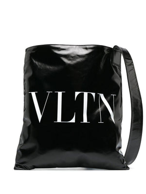 VALENTINO GARAVANI Black Leather Tote Handbag with Contrasting VLTN Print for Men