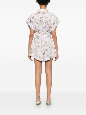 ZIMMERMANN Floral Print Linen Playsuit with Belted Waist and Short Sleeves