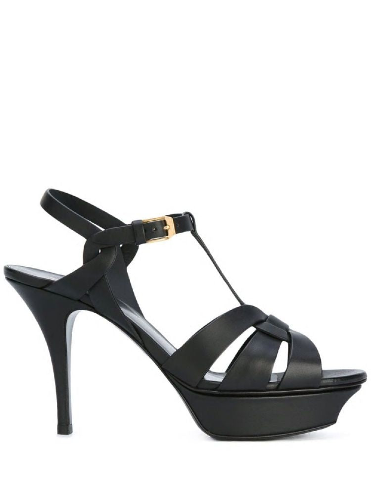 SAINT LAURENT Black Leather Sandals with 10cm Heel for Women