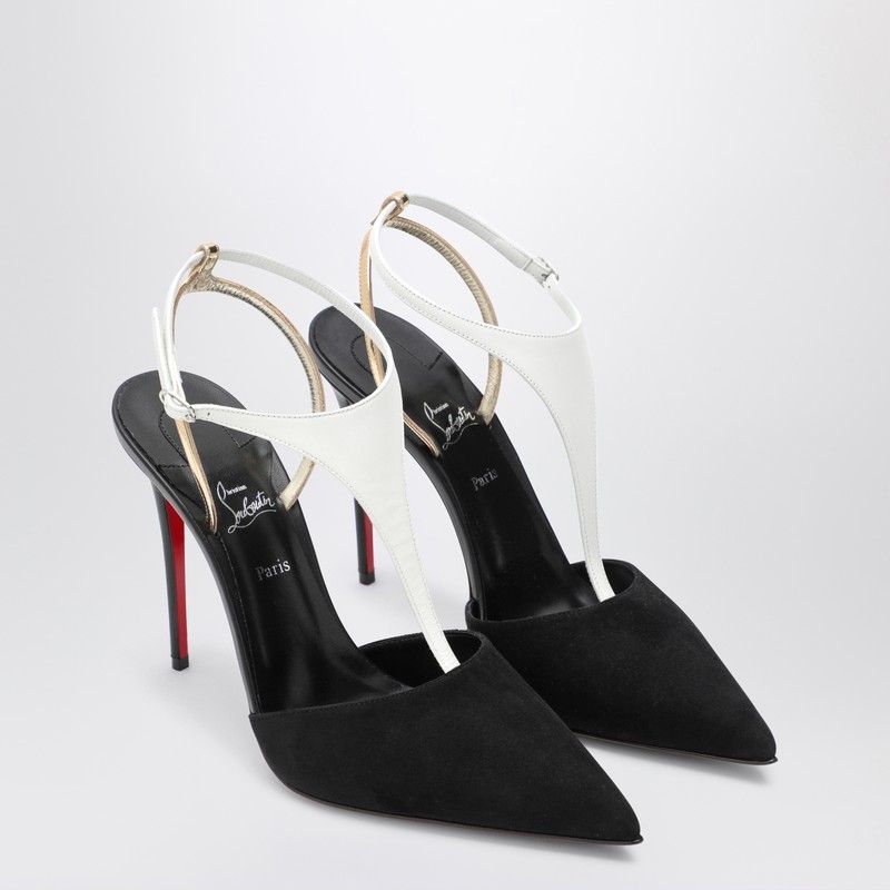 CHRISTIAN LOUBOUTIN Elegant Black and White Leather Athena Pumps with Gold Accents