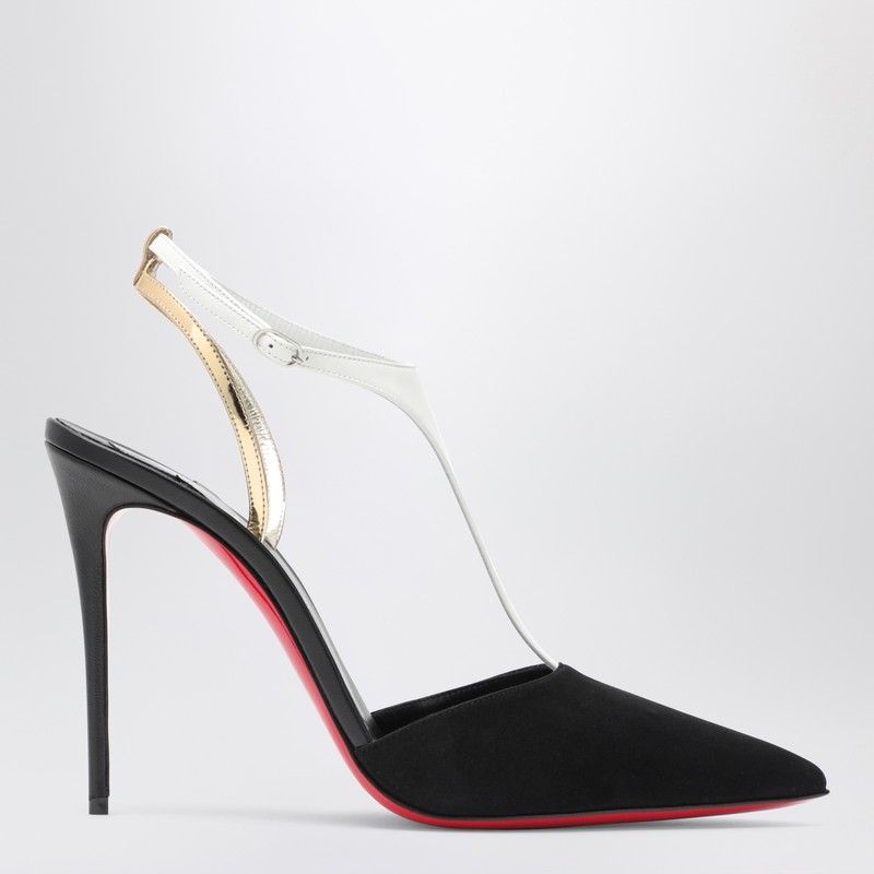 CHRISTIAN LOUBOUTIN Elegant Black and White Leather Athena Pumps with Gold Accents