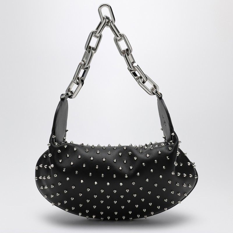 CHRISTIAN LOUBOUTIN Elegant Medium Black Leather Shoulder Handbag with Silver Spike Details