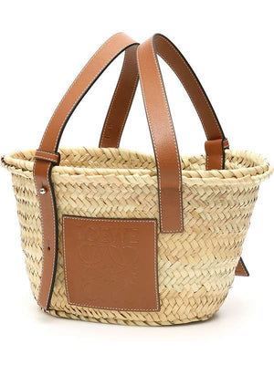 LOEWE Mini Basket Tote in Natural Tan Palm Leaf and Calfskin with Adjustable Handles, 17x33x13cm