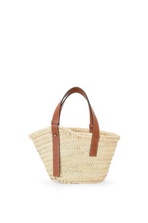 LOEWE Mini Basket Tote in Natural Tan Palm Leaf and Calfskin with Adjustable Handles, 17x33x13cm