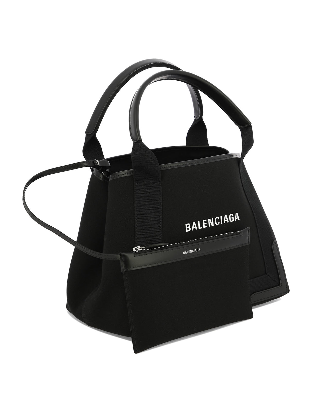 BALENCIAGA Small Black Canvas Logo Tote Handbag with Removable Pouch for Women