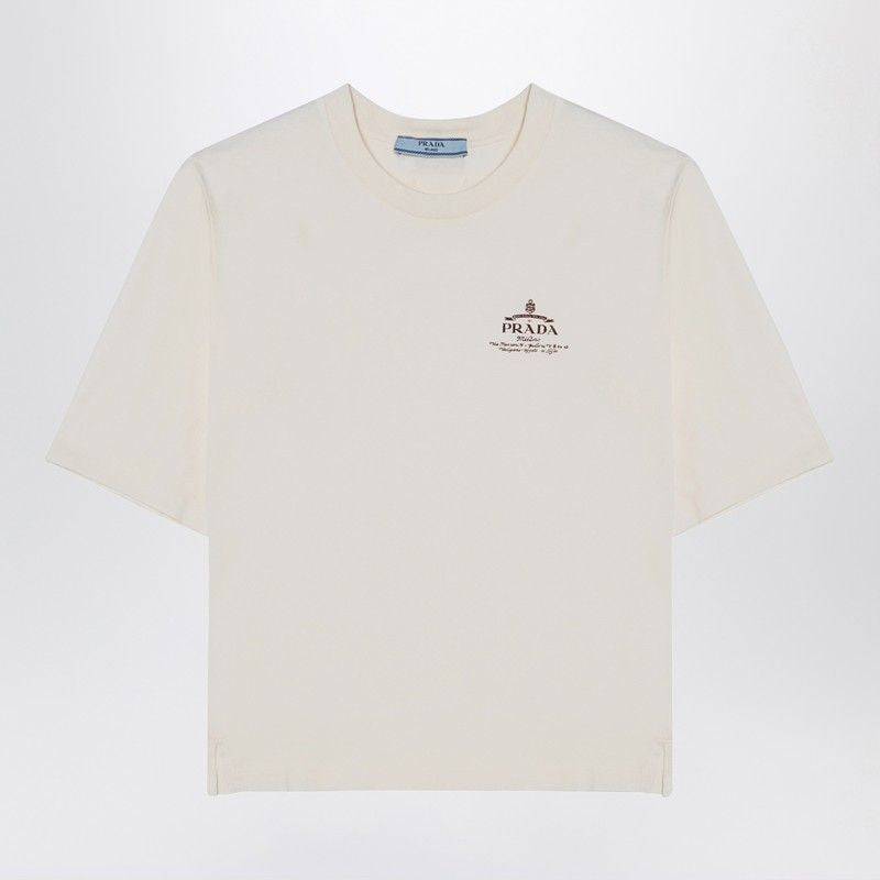 PRADA Ivory Cotton Crew-Neck T-Shirt with Logo