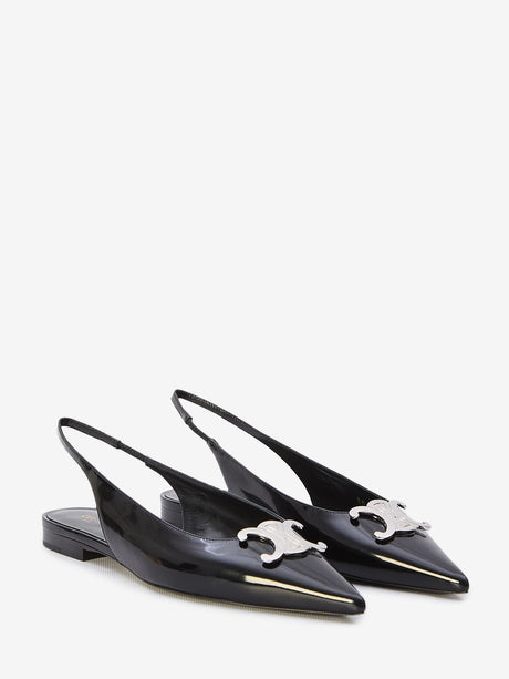 CELINE Black Glossy Calfskin Slingback with Silver-Tone Triomphe Detail for Women