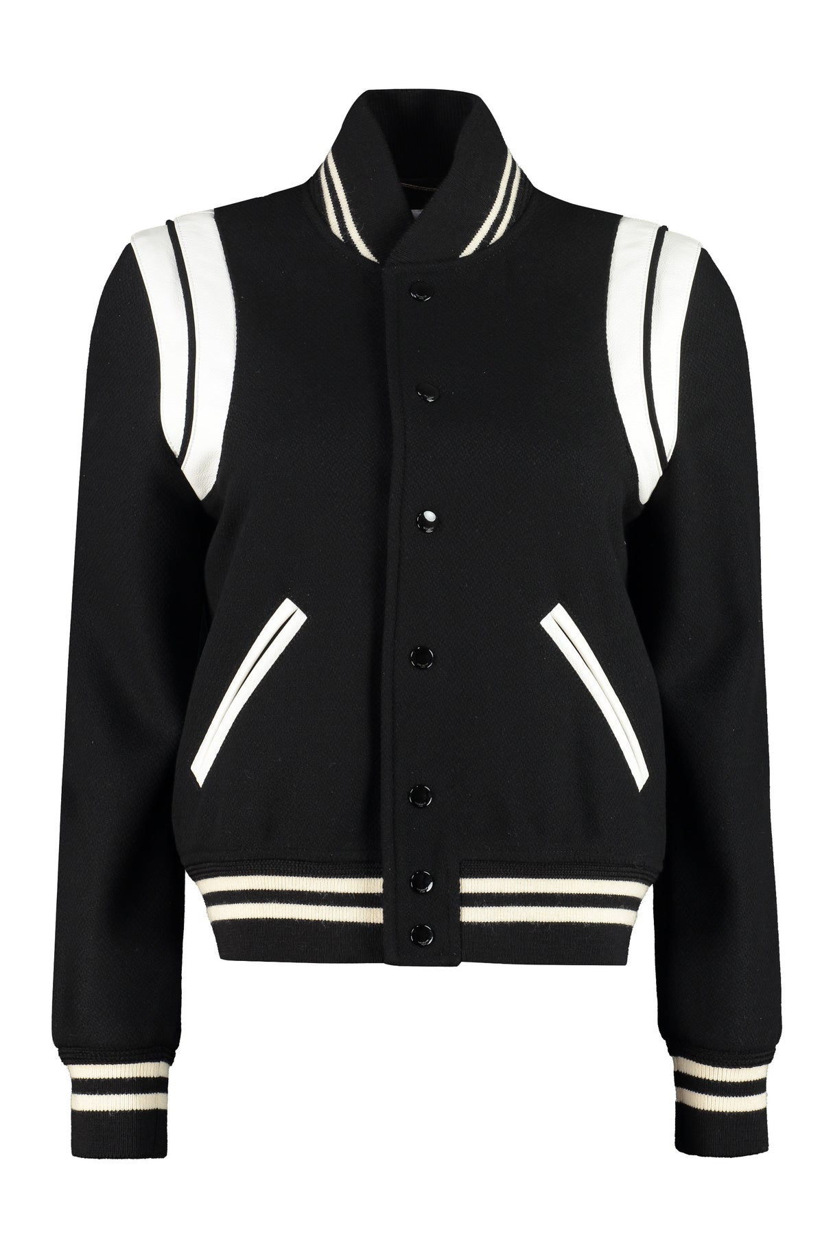 SAINT LAURENT Wool-Blend Bomber Jacket with Leather Accents