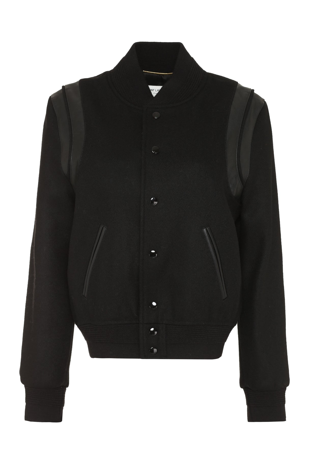 SAINT LAURENT Black Wool Bomber Jacket with Leather Details and Ribbed Knit Edges for Women