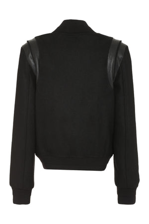 SAINT LAURENT Black Wool Bomber Jacket with Leather Details and Ribbed Knit Edges for Women