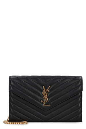 SAINT LAURENT Mini Black Leather Wallet with Gold Chain