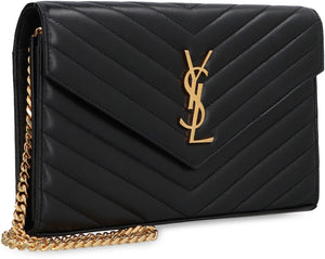 SAINT LAURENT Mini Black Leather Wallet with Gold Chain