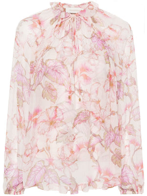 ZIMMERMANN Floral Bow Blouse with Keyhole and Coordinating Camisole - Pink