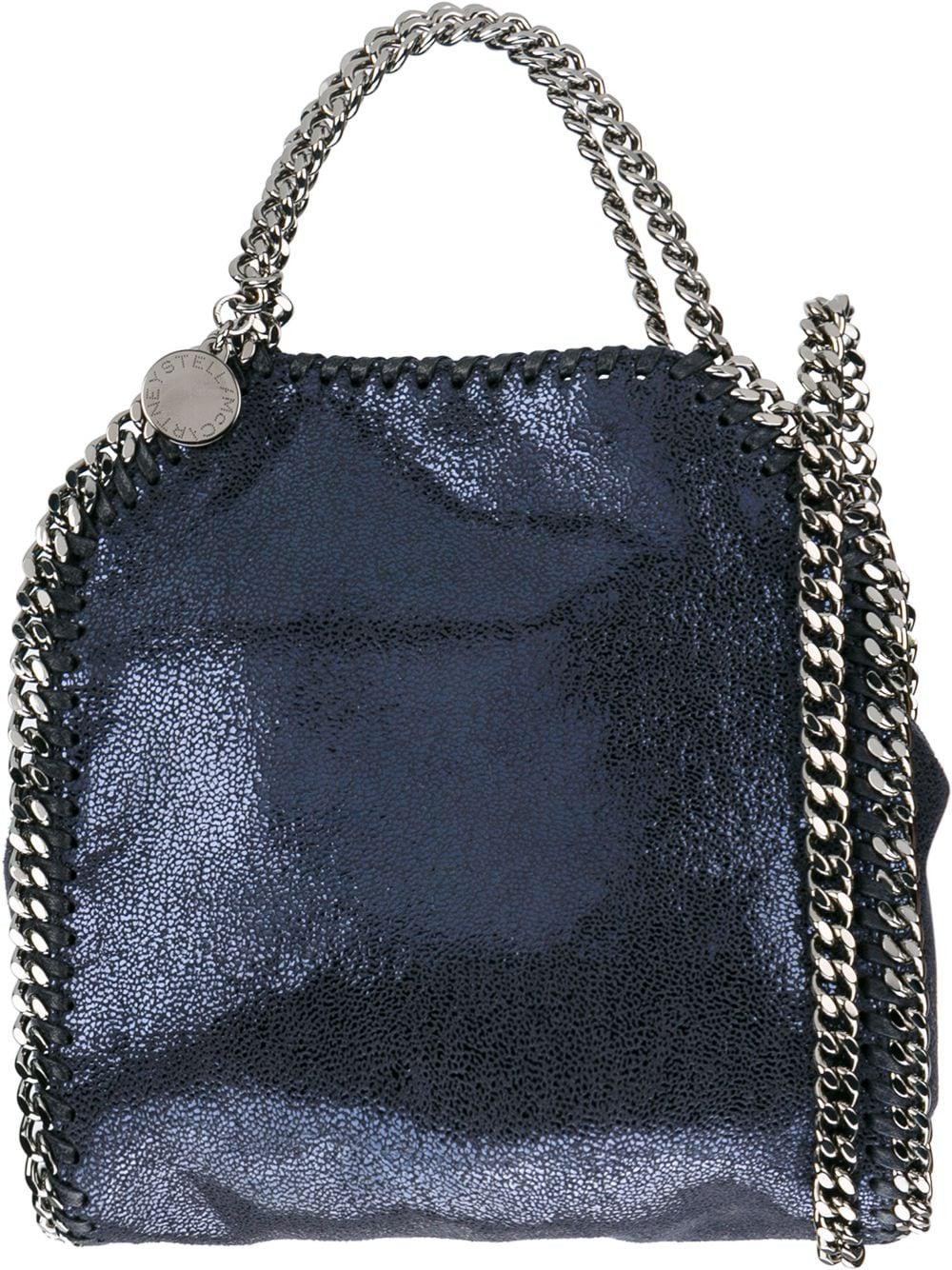 STELLA MCCARTNEY Navy Blue Mini Vegan Tote with Silver Chain Details - 7.3x5.9x2in