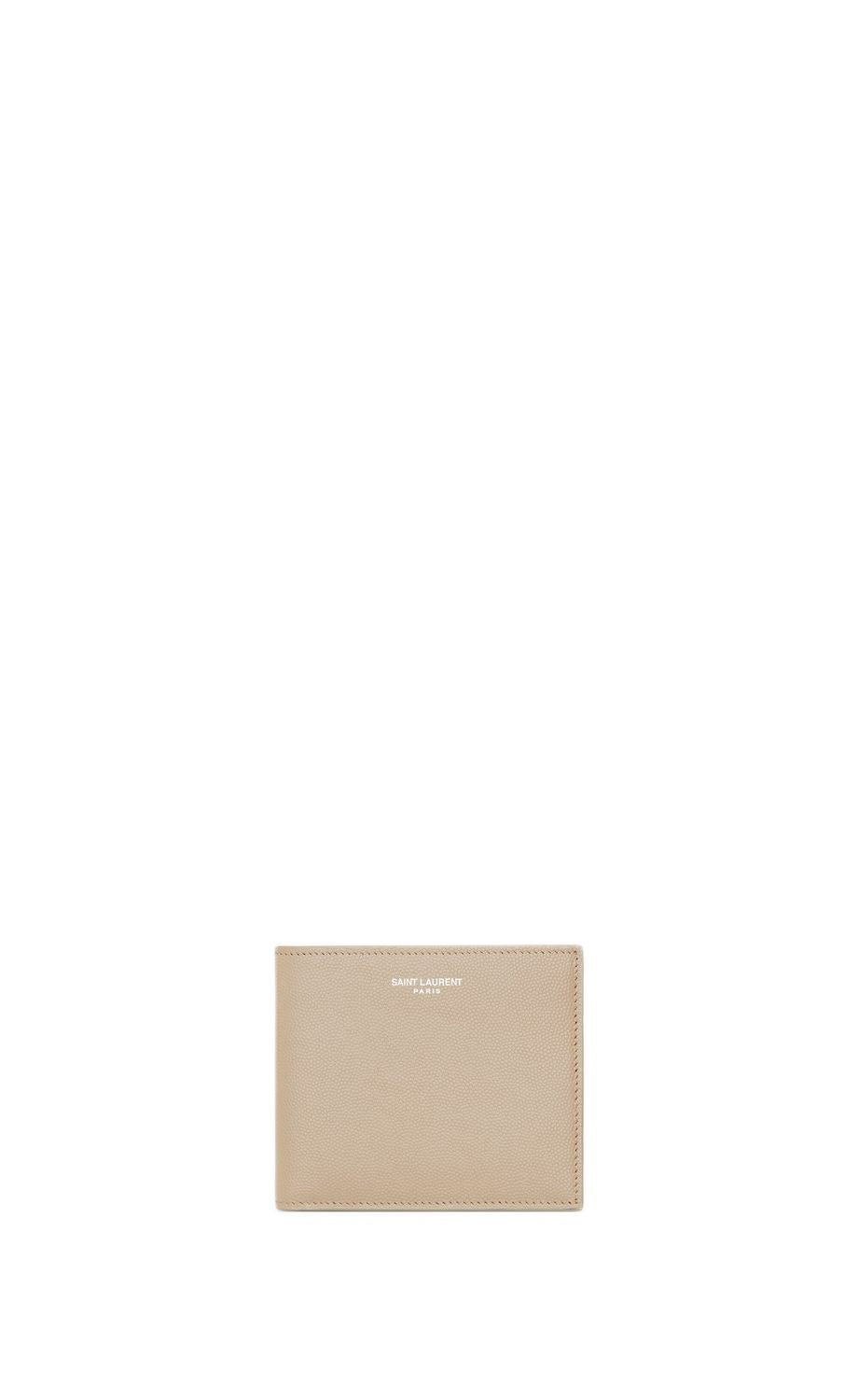 SAINT LAURENT Men's FW23 Logo Print Card Holder in Sea Salt Calf Skin