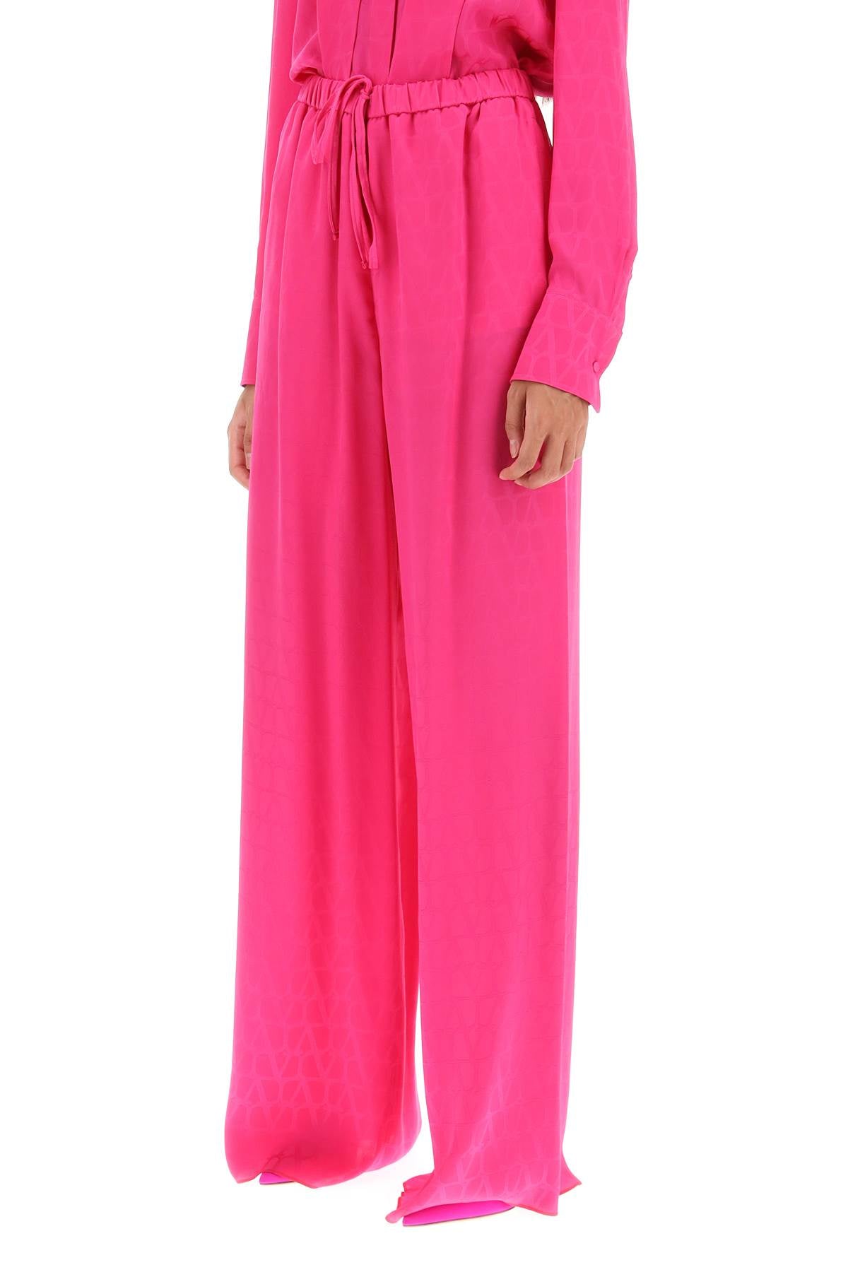 VALENTINO GARAVANI Fuchsia Silk Jacquard Palazzo Pants with Toile Iconographe Pattern for Women - FW23 Collection