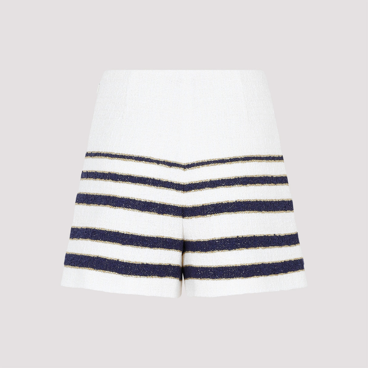VALENTINO GARAVANI Navy Blue and Ivory Tweed Shorts with V Gold Details