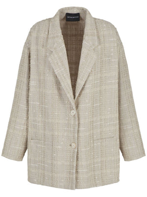 Áo khoác Blazer màu be dáng đơn cho nữ từ vải Cotton-linen Bouclé