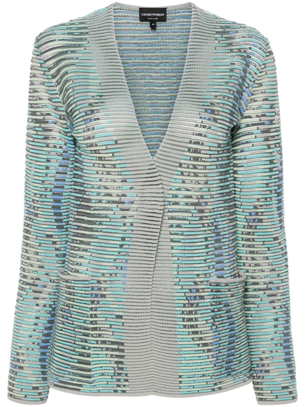 EMPORIO ARMANI Grey Multicolor Ribbed Knit Collarless Jacket - Spring/Summer 2024
