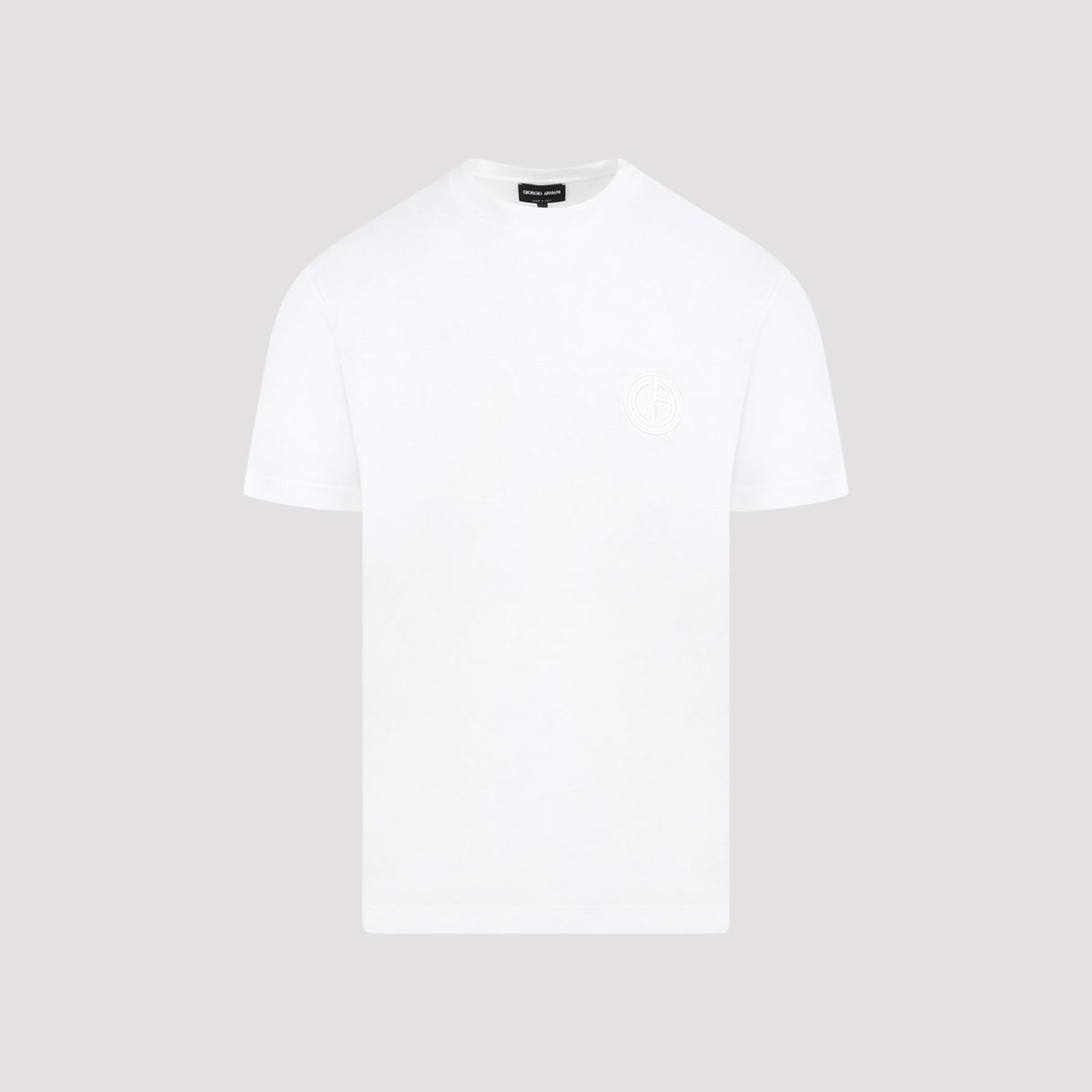 GIORGIO ARMANI Men's White Cotton Crew-Neck T-Shirt with Ribbed Neckline and Embossed Logo