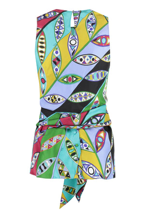 EMILIO PUCCI Multicolor Printed Silk Top with Draped Back and Bow Fastening for Women