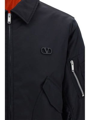 VALENTINO Men's Black Nylon Bomber Jacket with Zipped and Pen Pockets