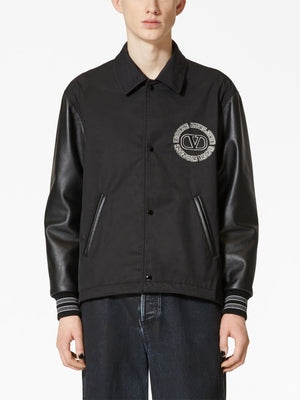 VALENTINO GARAVANI Men's Black Varsity Jacket with Leather Sleeves