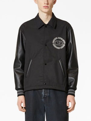 VALENTINO GARAVANI Black Nylon Track Jacket with Leather Sleeves and Valentino Patch