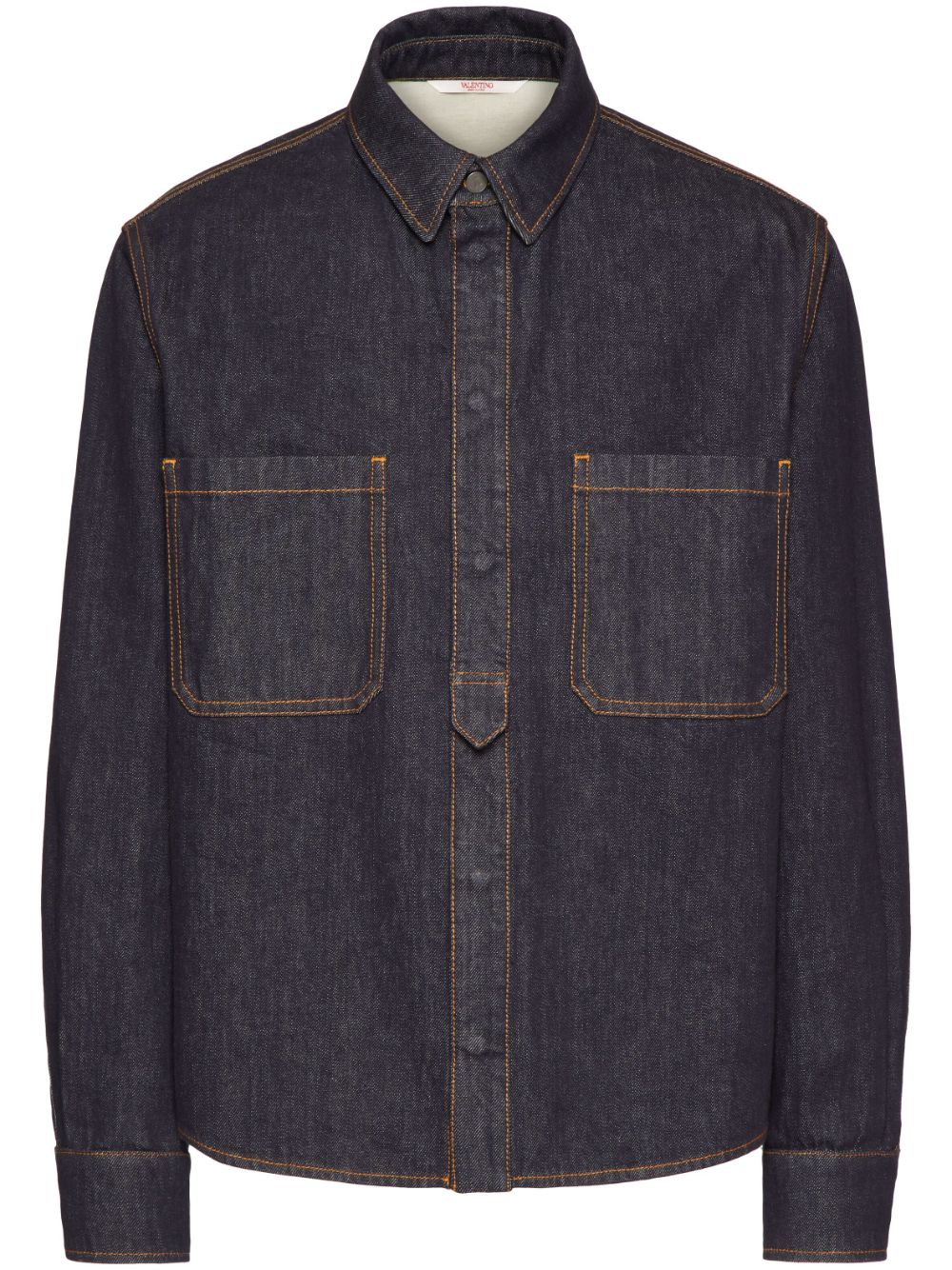 VALENTINO Classic Blue Denim Shirt - Embroidered Logo, Contrast Stitching, Straight Hem