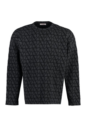 VALENTINO Men's Grey Crew-Neck Wool Sweater with Iconic All-Over Motif